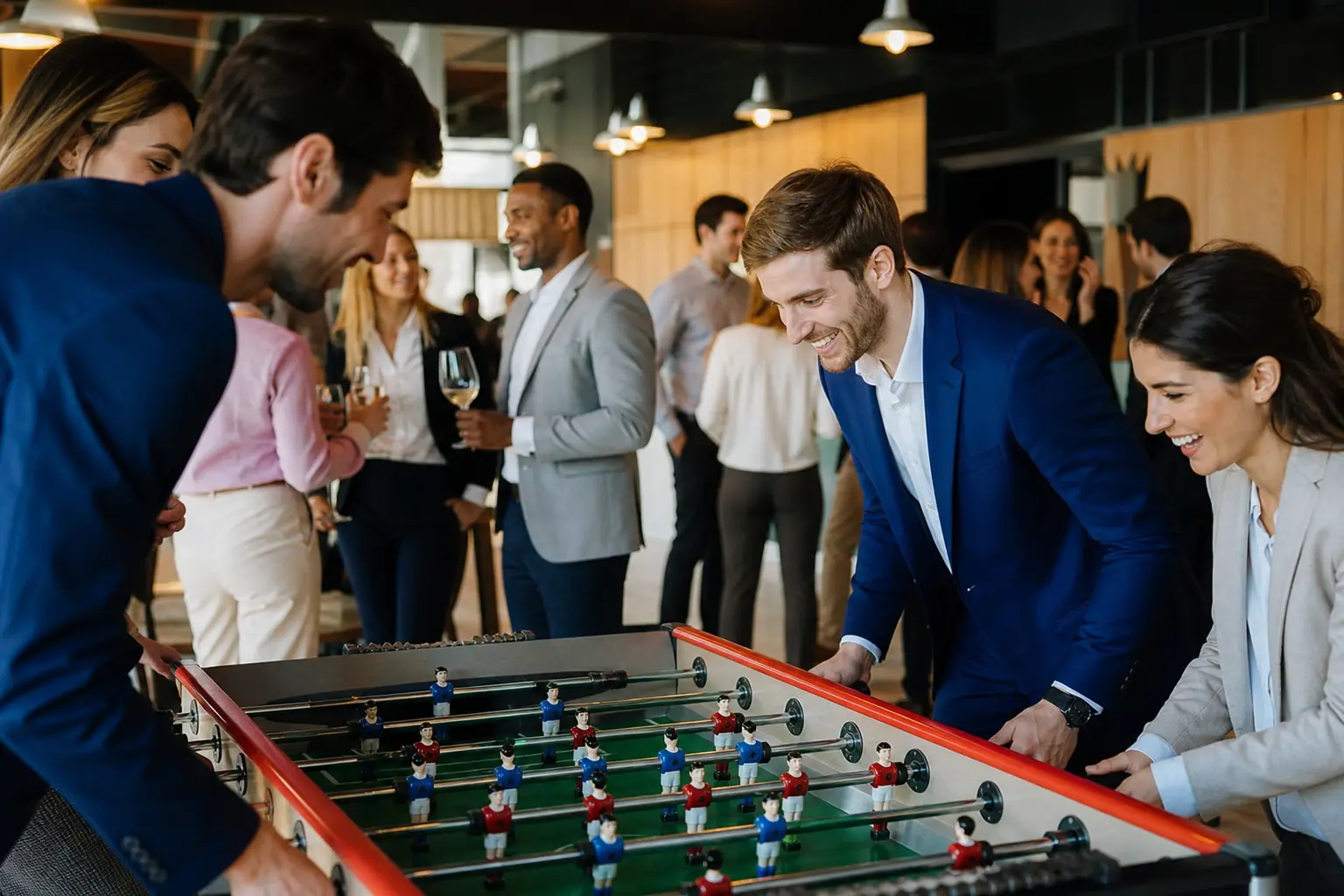 Des collègues jouent au baby-foot lors d’une soirée entreprise conviviale dans un espace de réception moderne