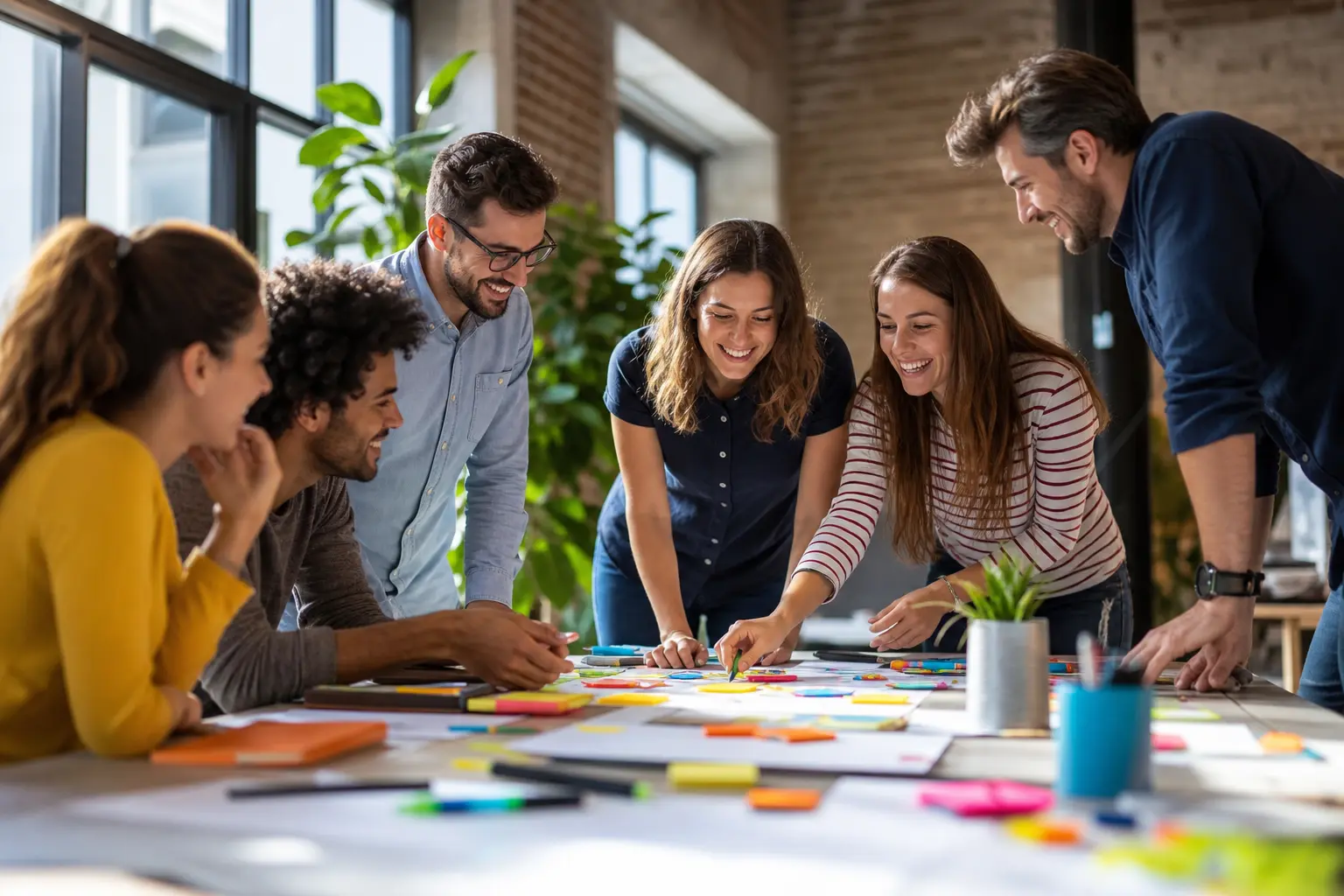 Équipe en réunion de brainstorming autour de post-its et feutres pour un team building créatif en bureau ouvert
